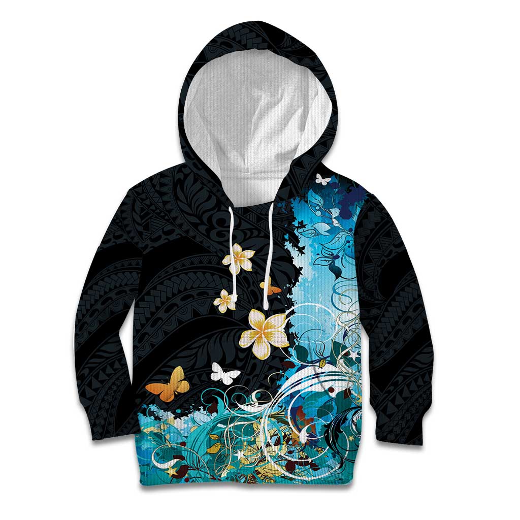Blue Grunge Polynesian Pattern Kid Hoodie Plumeria Floral