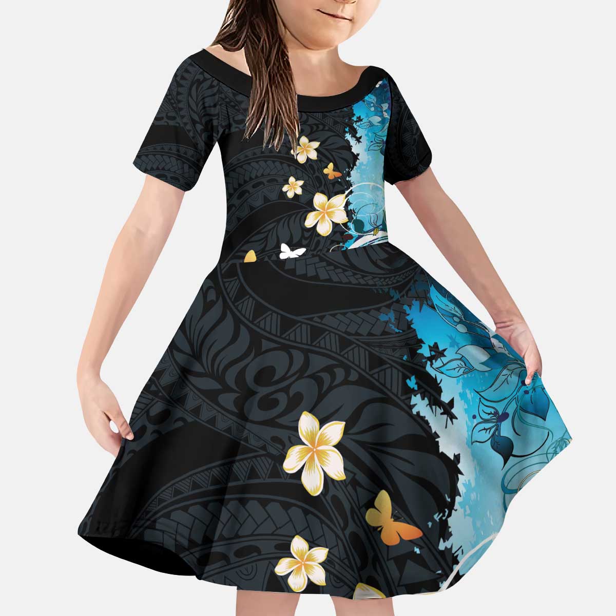 Blue Grunge Polynesian Pattern Kid Short Sleeve Dress Plumeria Floral