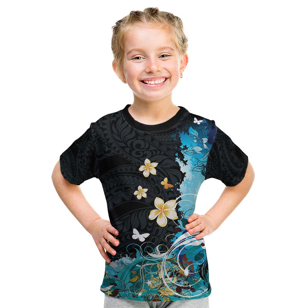 Blue Grunge Polynesian Pattern Kid T Shirt Plumeria Floral LT01 Blue - Polynesian Pride