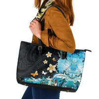 Blue Grunge Polynesian Pattern Leather Tote Bag Plumeria Floral LT01 Blue - Polynesian Pride