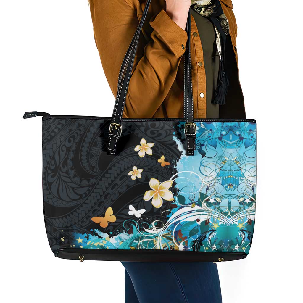 Blue Grunge Polynesian Pattern Leather Tote Bag Plumeria Floral LT01 - Polynesian Pride