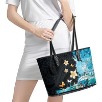 Blue Grunge Polynesian Pattern Leather Tote Bag Plumeria Floral LT01 - Polynesian Pride