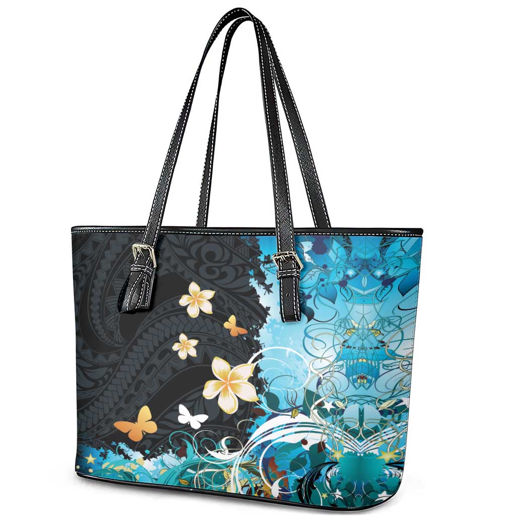 Blue Grunge Polynesian Pattern Leather Tote Bag Plumeria Floral LT01 - Polynesian Pride