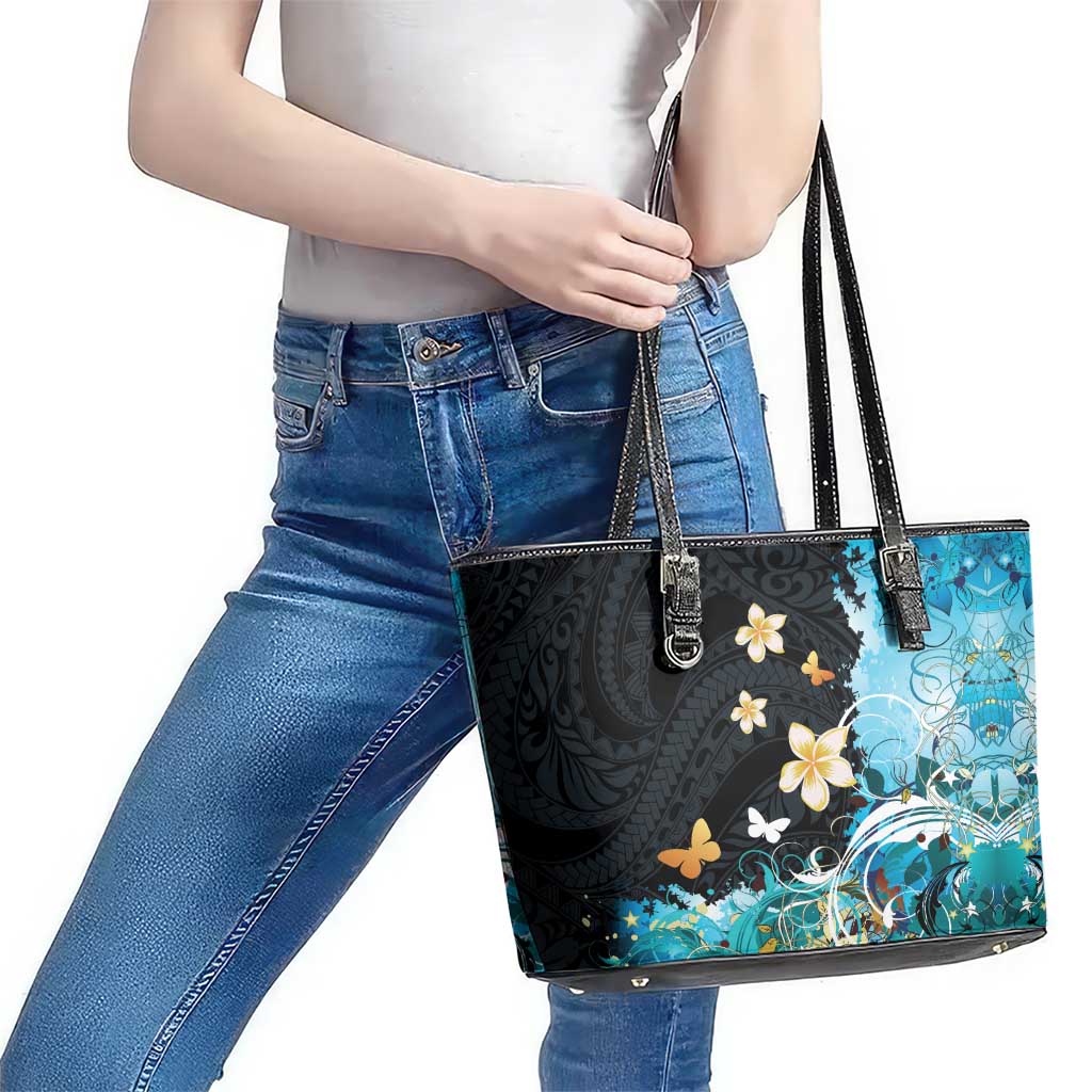 Blue Grunge Polynesian Pattern Leather Tote Bag Plumeria Floral LT01 - Polynesian Pride