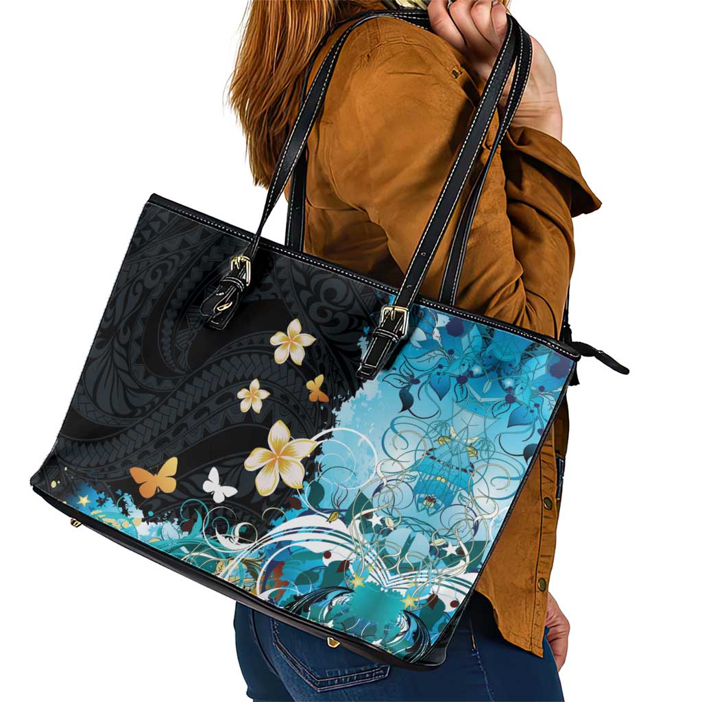 Blue Grunge Polynesian Pattern Leather Tote Bag Plumeria Floral LT01 - Polynesian Pride