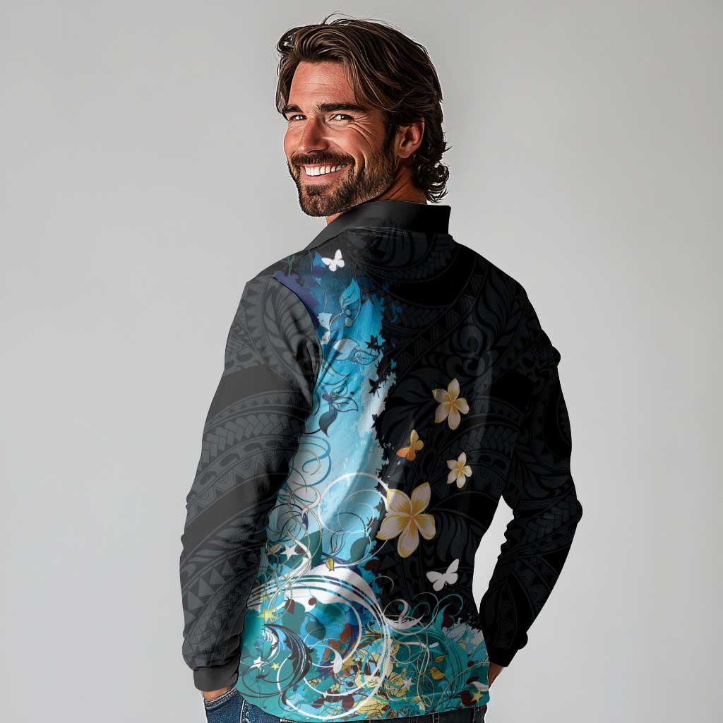 Blue Grunge Polynesian Pattern Long Sleeve Polo Shirt Plumeria Floral