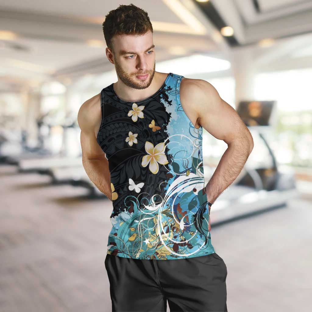 Blue Grunge Polynesian Pattern Men Tank Top Plumeria Floral