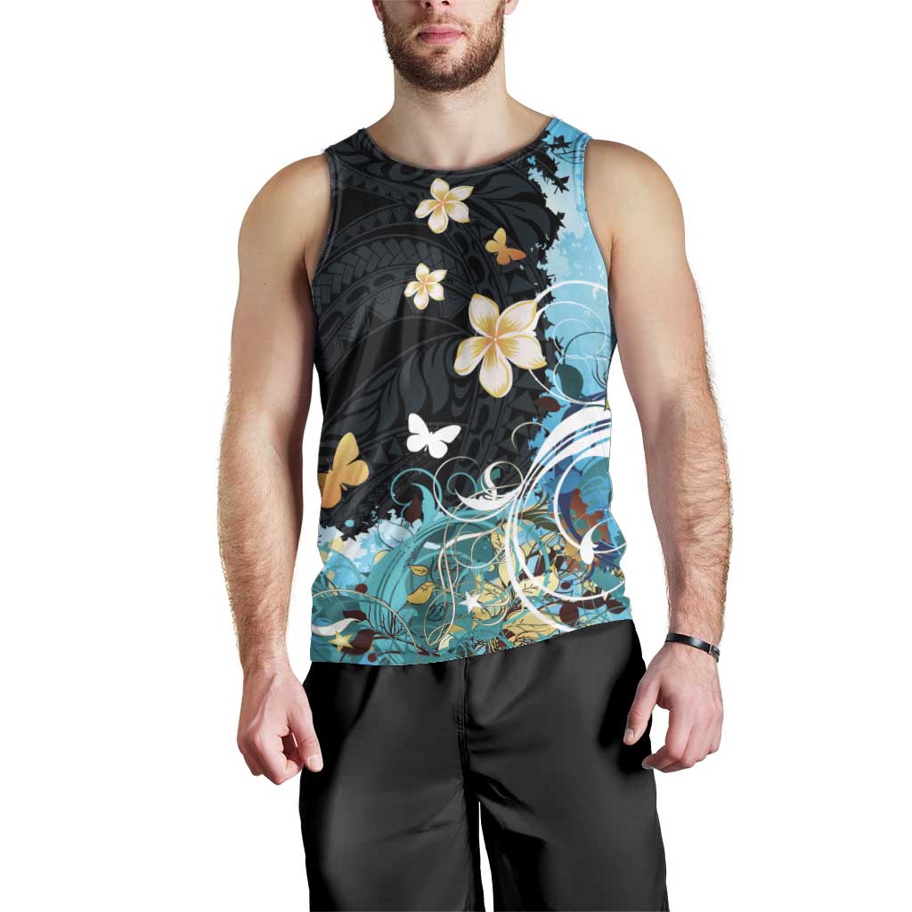 Blue Grunge Polynesian Pattern Men Tank Top Plumeria Floral