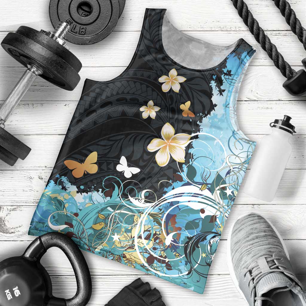 Blue Grunge Polynesian Pattern Men Tank Top Plumeria Floral