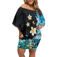 Blue Grunge Polynesian Pattern Off Shoulder Short Dress Plumeria Floral