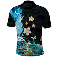 Blue Grunge Polynesian Pattern Polo Shirt Plumeria Floral