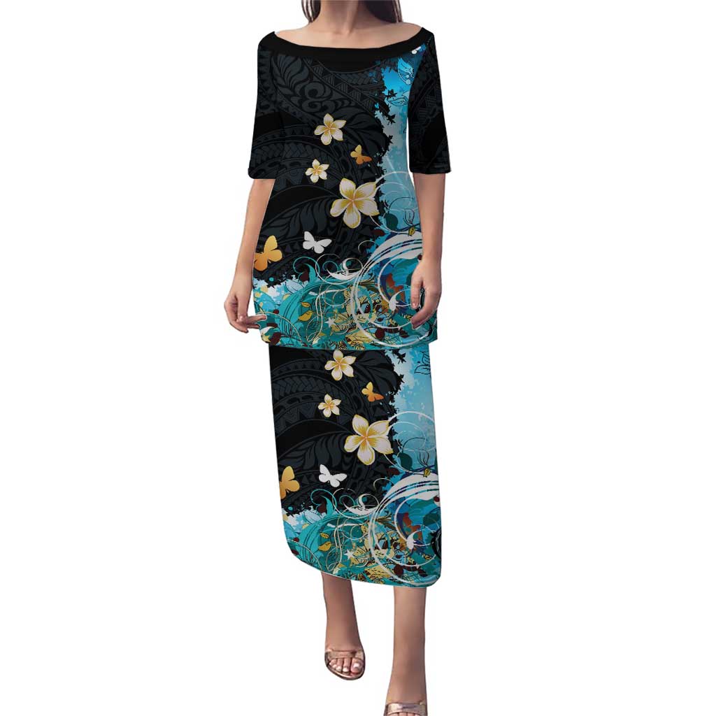 Blue Grunge Polynesian Pattern Puletasi Plumeria Floral