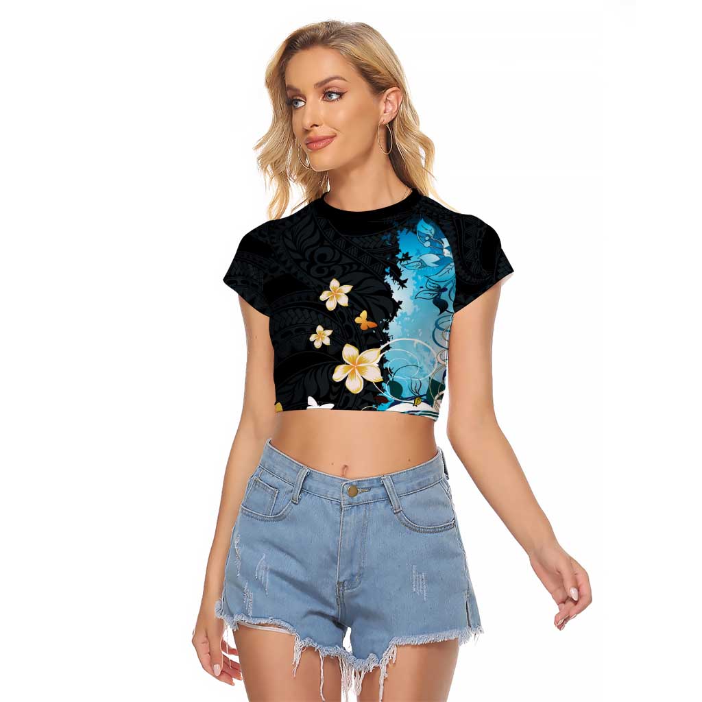 Blue Grunge Polynesian Pattern Raglan Cropped T Shirt Plumeria Floral LT01 Female Blue - Polynesian Pride