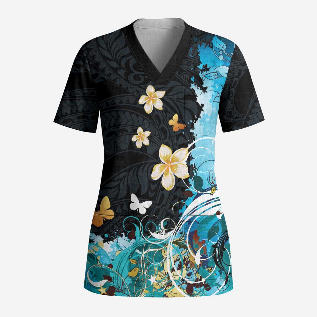 Blue Grunge Polynesian Pattern Scrub Top Plumeria Floral - Polynesian Pride