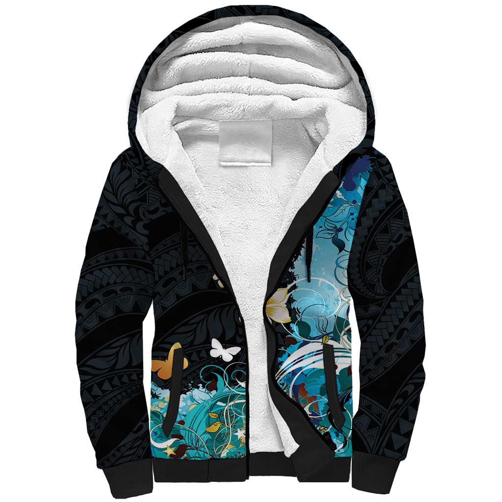 Blue Grunge Polynesian Pattern Sherpa Hoodie Plumeria Floral