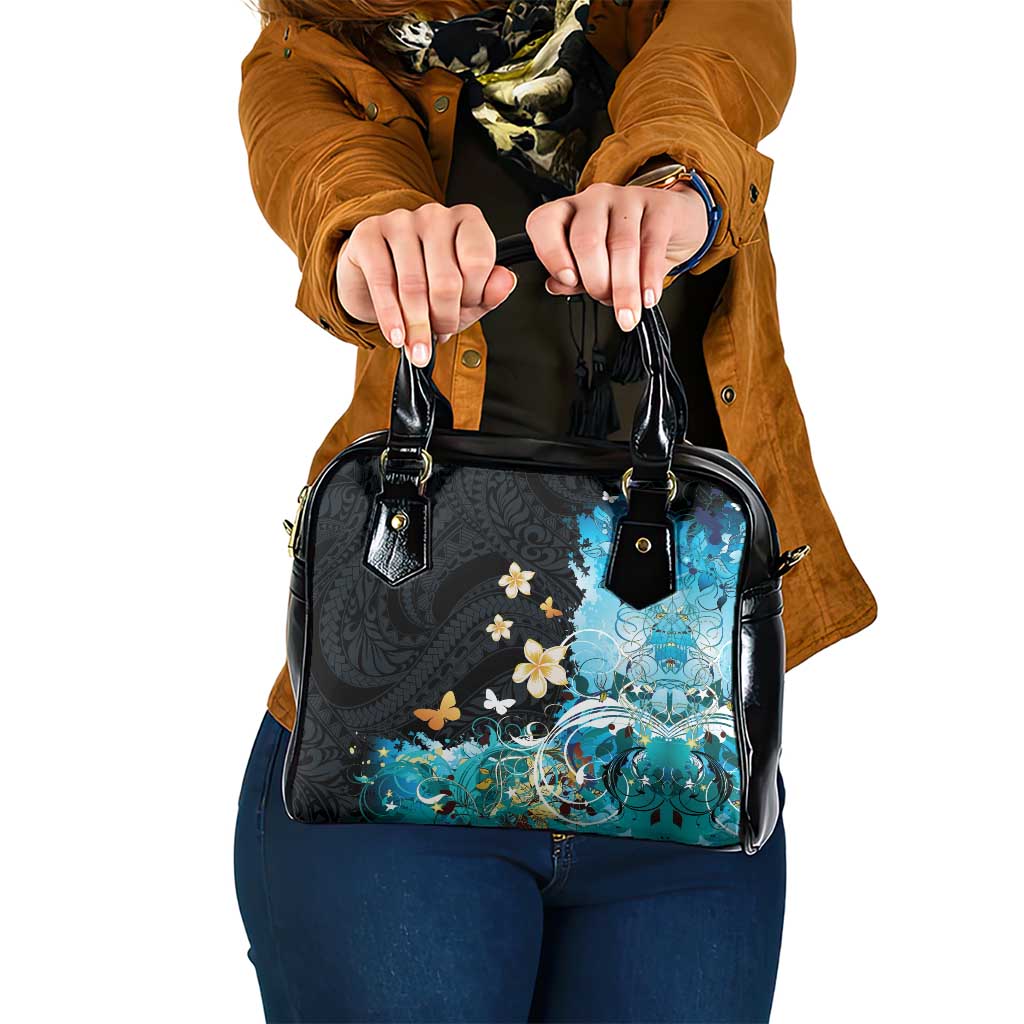 Blue Grunge Polynesian Pattern Shoulder Handbag Plumeria Floral