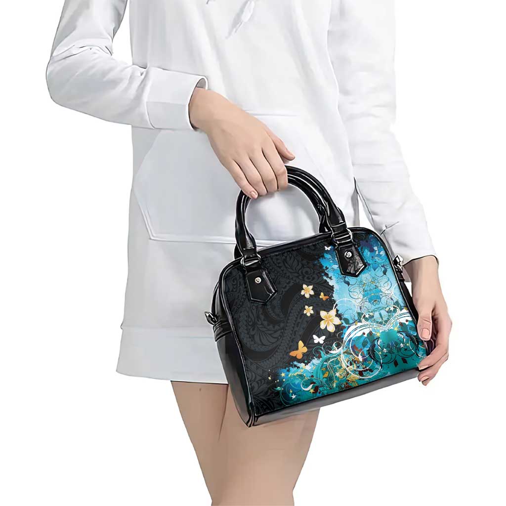 Blue Grunge Polynesian Pattern Shoulder Handbag Plumeria Floral