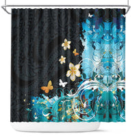 Blue Grunge Polynesian Pattern Shower Curtain Plumeria Floral