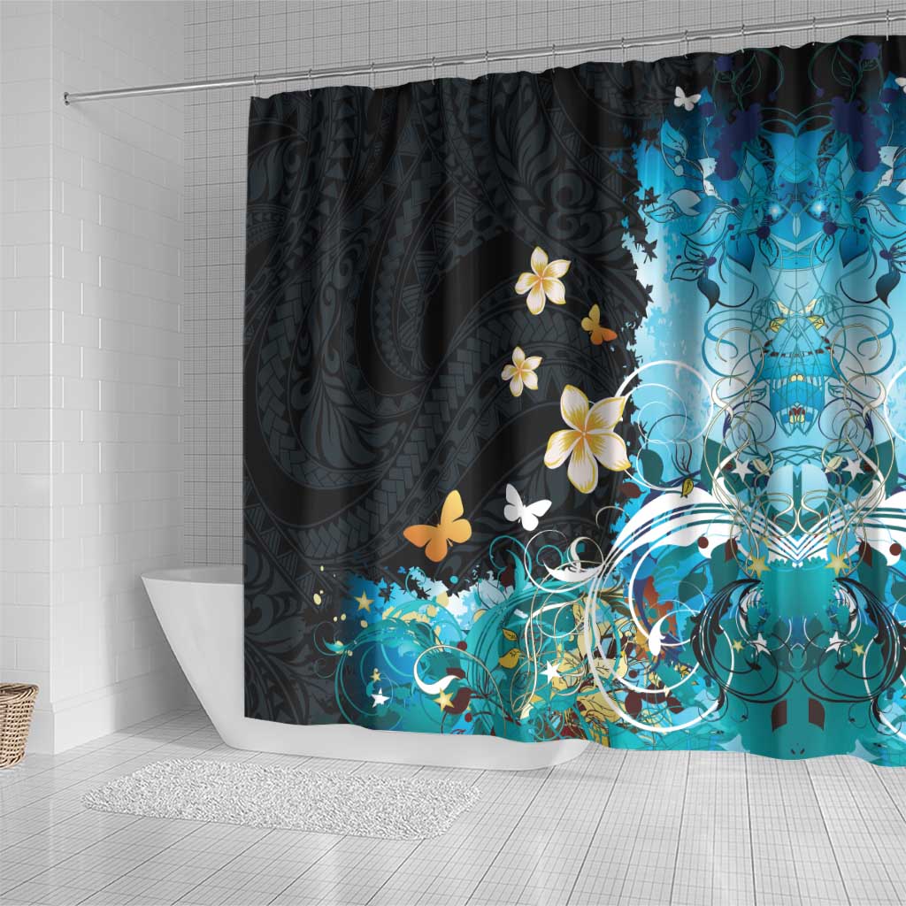 Blue Grunge Polynesian Pattern Shower Curtain Plumeria Floral