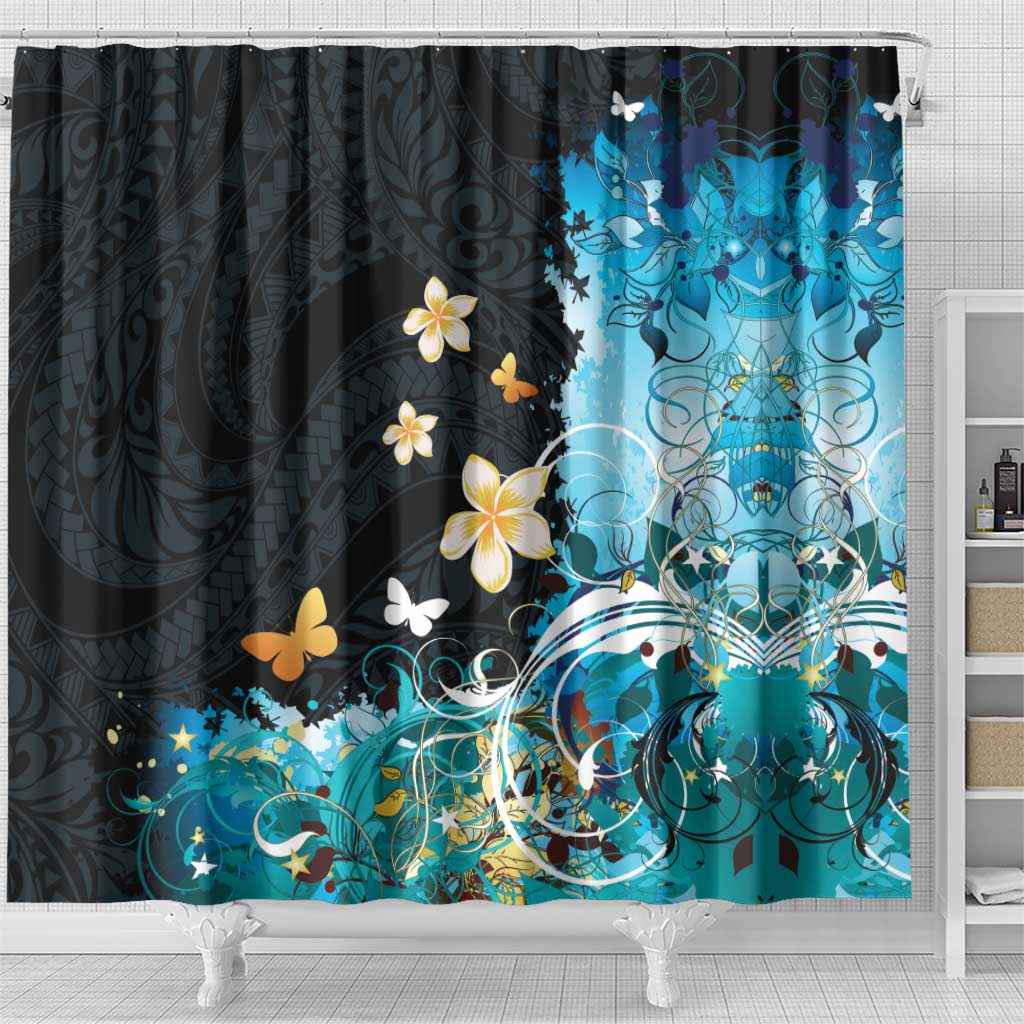 Blue Grunge Polynesian Pattern Shower Curtain Plumeria Floral