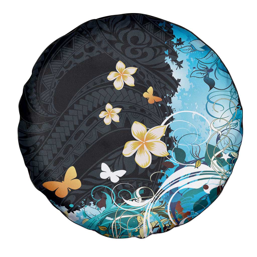Blue Grunge Polynesian Pattern Spare Tire Cover Plumeria Floral