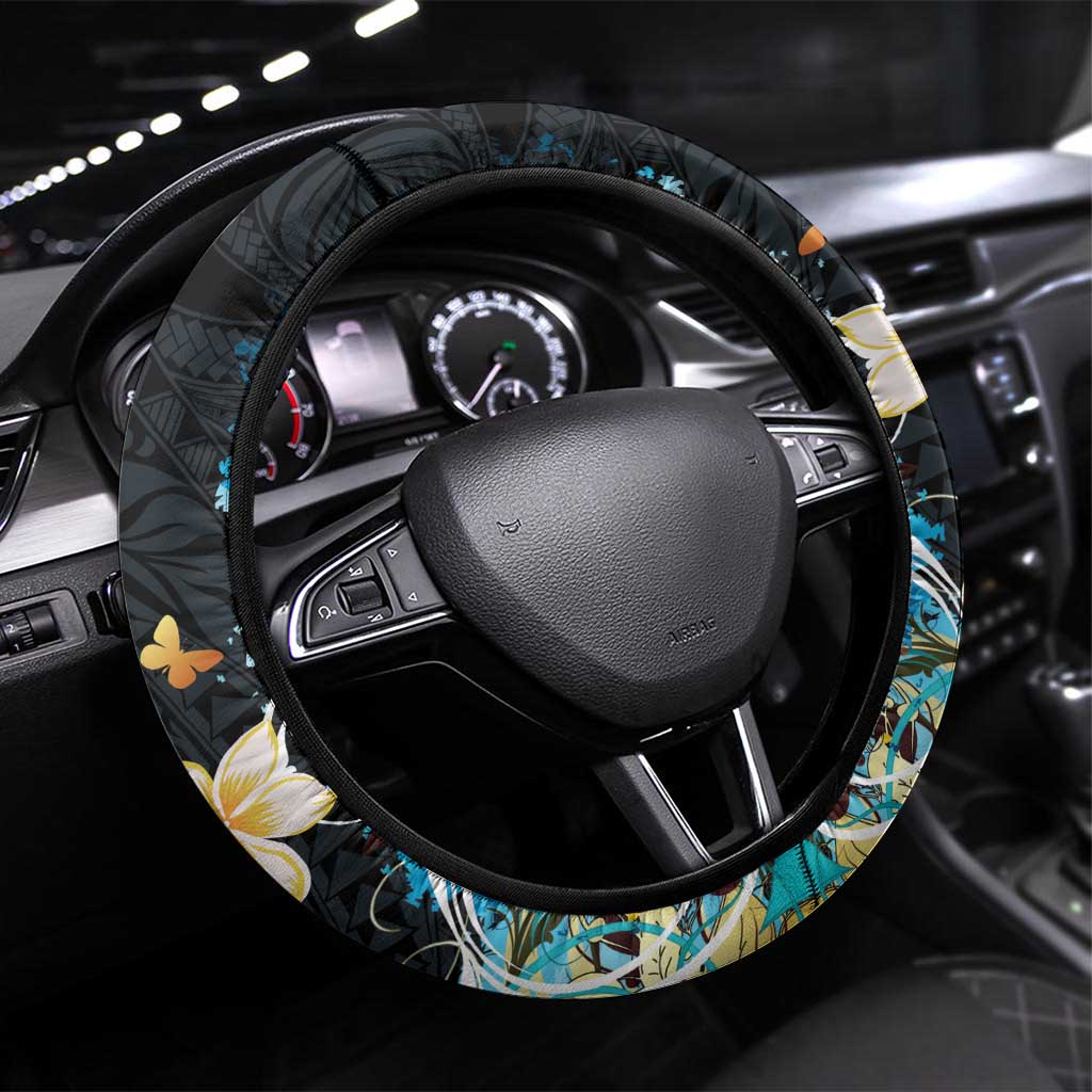 Blue Grunge Polynesian Pattern Steering Wheel Cover Plumeria Floral
