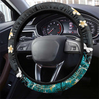 Blue Grunge Polynesian Pattern Steering Wheel Cover Plumeria Floral
