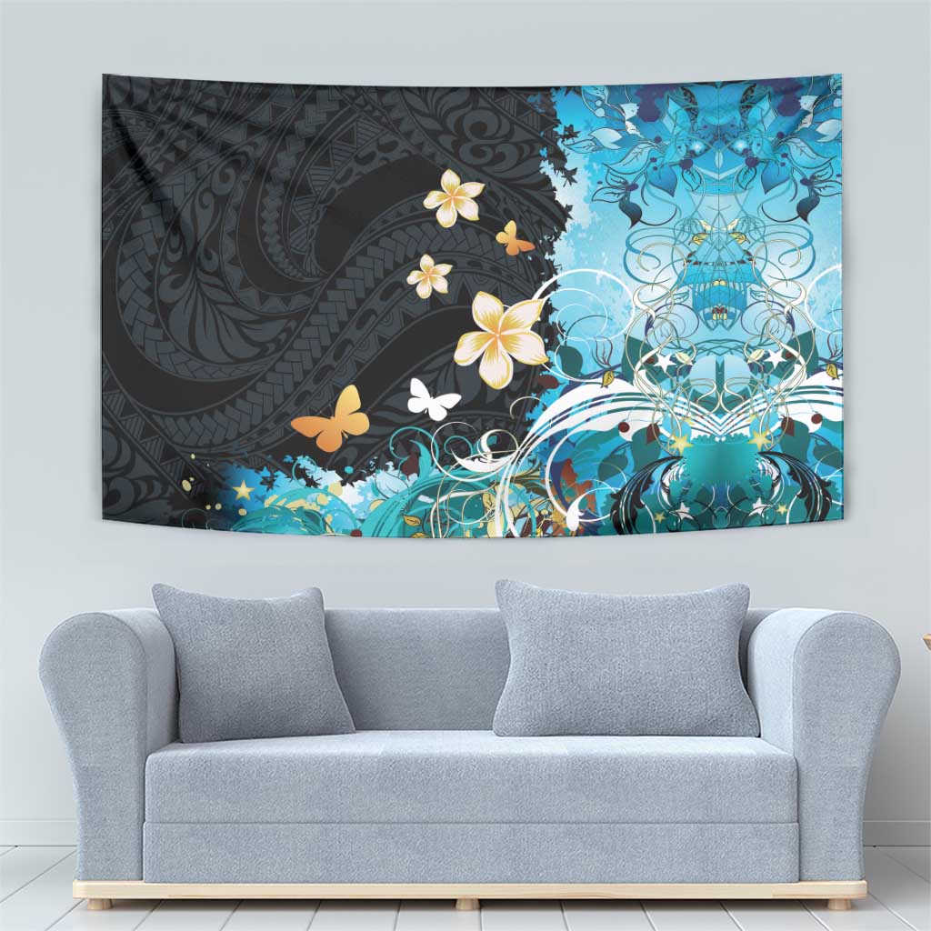 Blue Grunge Polynesian Pattern Tapestry Plumeria Floral