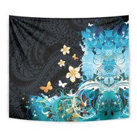 Blue Grunge Polynesian Pattern Tapestry Plumeria Floral