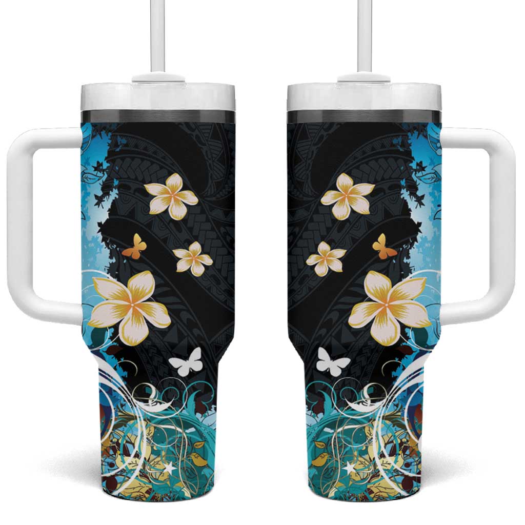 Blue Grunge Polynesian Pattern Tumbler With Handle Plumeria Floral LT01 One Size: 40 oz Blue - Polynesian Pride