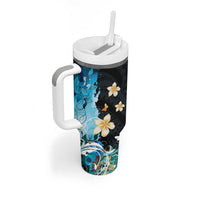 Blue Grunge Polynesian Pattern Tumbler With Handle Plumeria Floral LT01 - Polynesian Pride