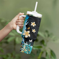 Blue Grunge Polynesian Pattern Tumbler With Handle Plumeria Floral LT01 - Polynesian Pride