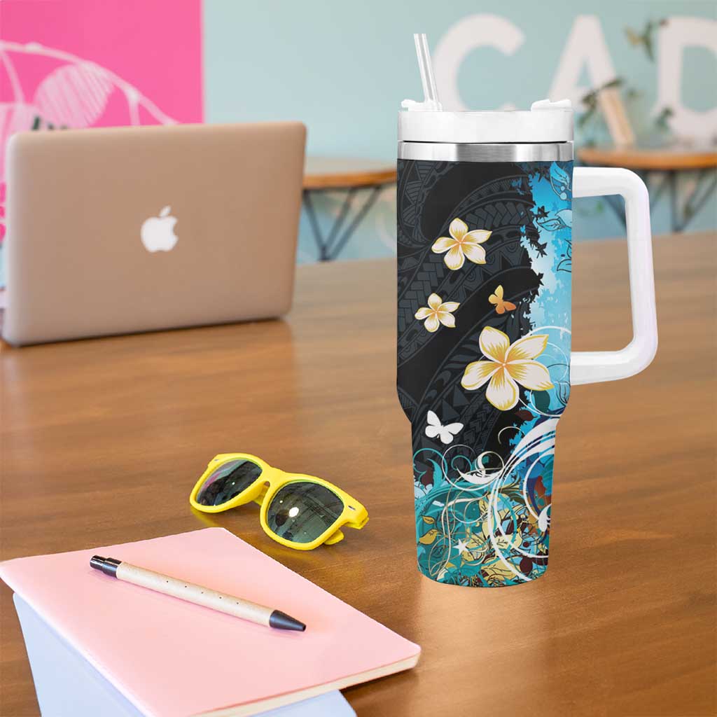 Blue Grunge Polynesian Pattern Tumbler With Handle Plumeria Floral LT01 - Polynesian Pride