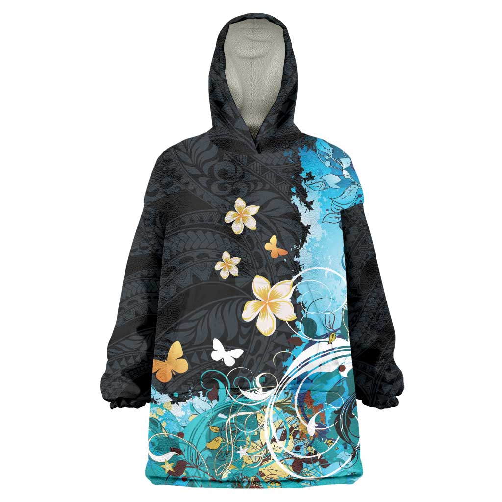 Blue Grunge Polynesian Pattern Wearable Blanket Hoodie Plumeria Floral