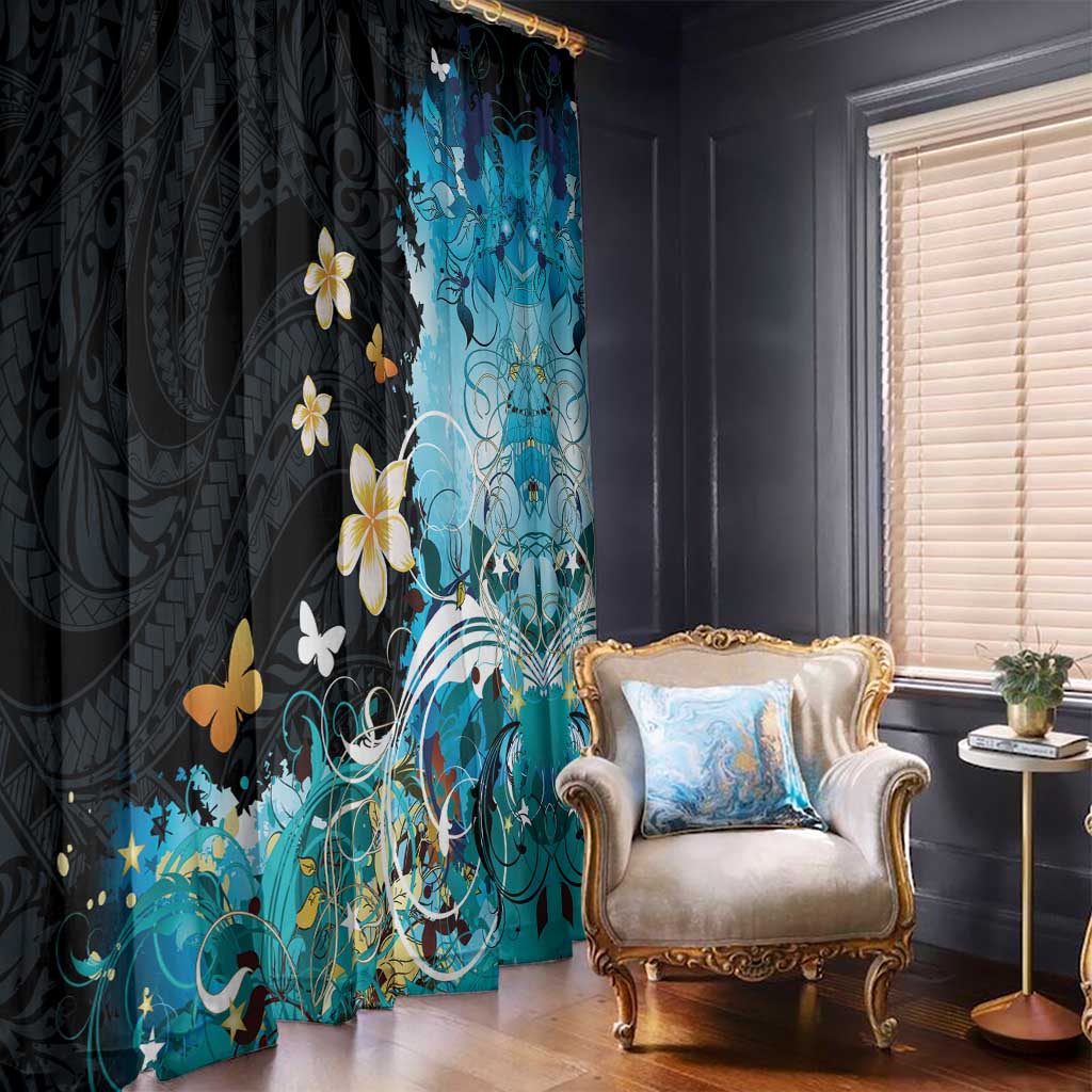 Blue Grunge Polynesian Pattern Window Curtain Plumeria Floral LT01 - Polynesian Pride