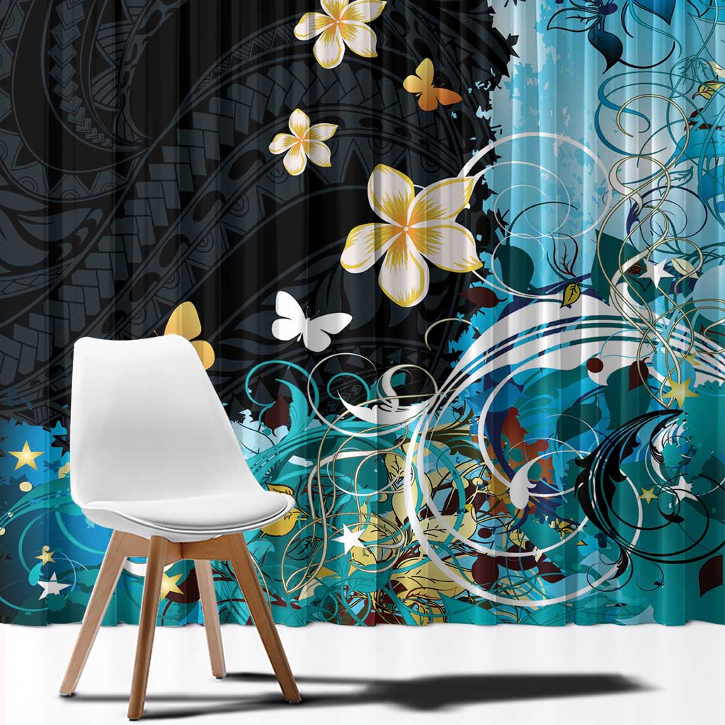 Blue Grunge Polynesian Pattern Window Curtain Plumeria Floral LT01 - Polynesian Pride