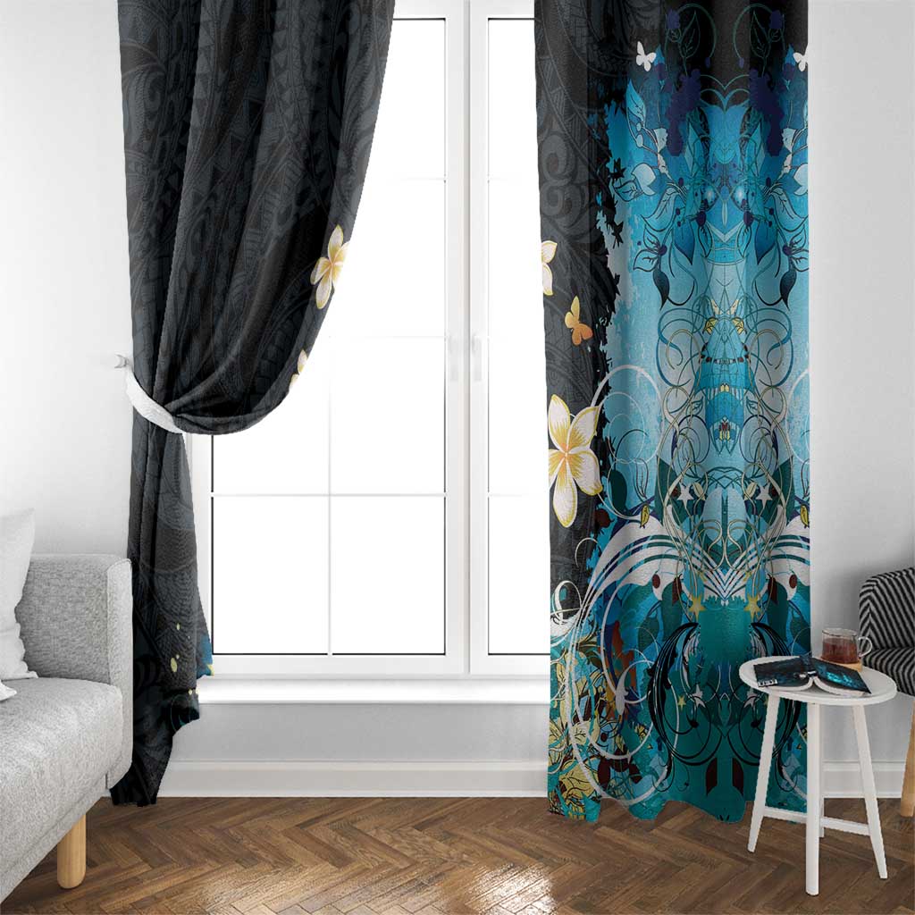 Blue Grunge Polynesian Pattern Window Curtain Plumeria Floral LT01 - Polynesian Pride