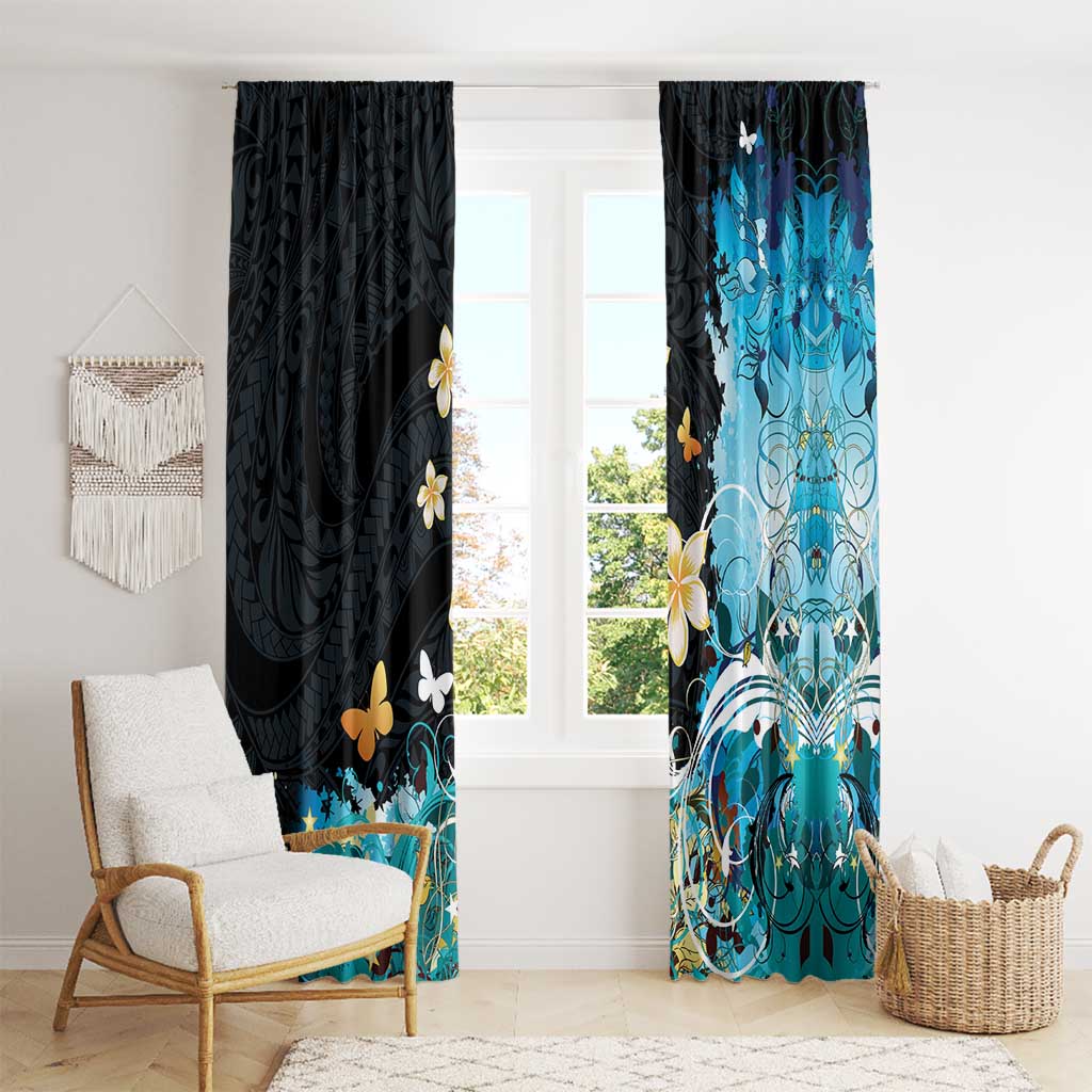 Blue Grunge Polynesian Pattern Window Curtain Plumeria Floral LT01 - Polynesian Pride