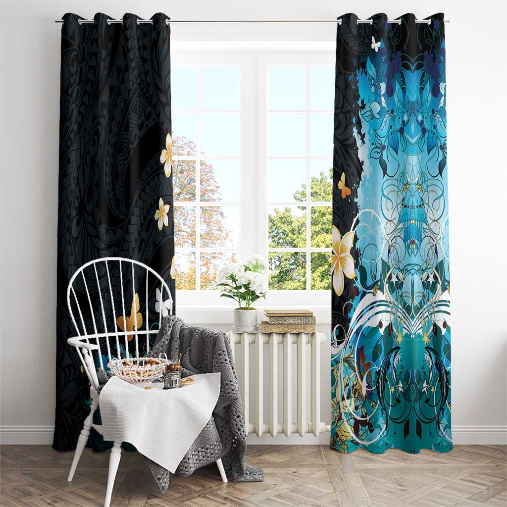 Blue Grunge Polynesian Pattern Window Curtain Plumeria Floral LT01 - Polynesian Pride