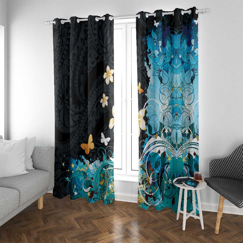Blue Grunge Polynesian Pattern Window Curtain Plumeria Floral LT01 With Grommets Blue - Polynesian Pride