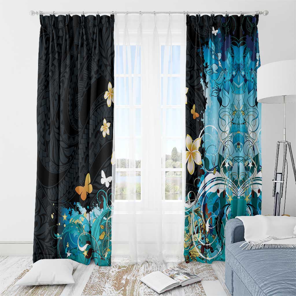 Blue Grunge Polynesian Pattern Window Curtain Plumeria Floral LT01 - Polynesian Pride