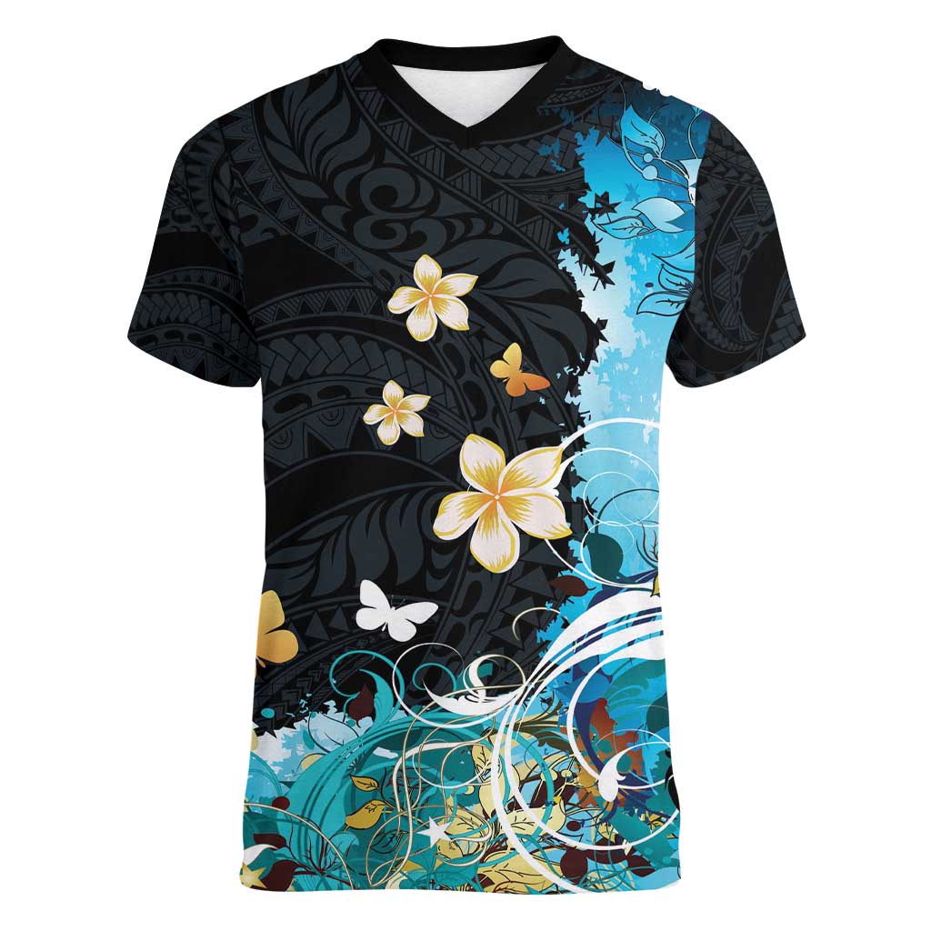 Blue Grunge Polynesian Pattern Women V-Neck T-Shirt Plumeria Floral LT01 Female Blue - Polynesian Pride