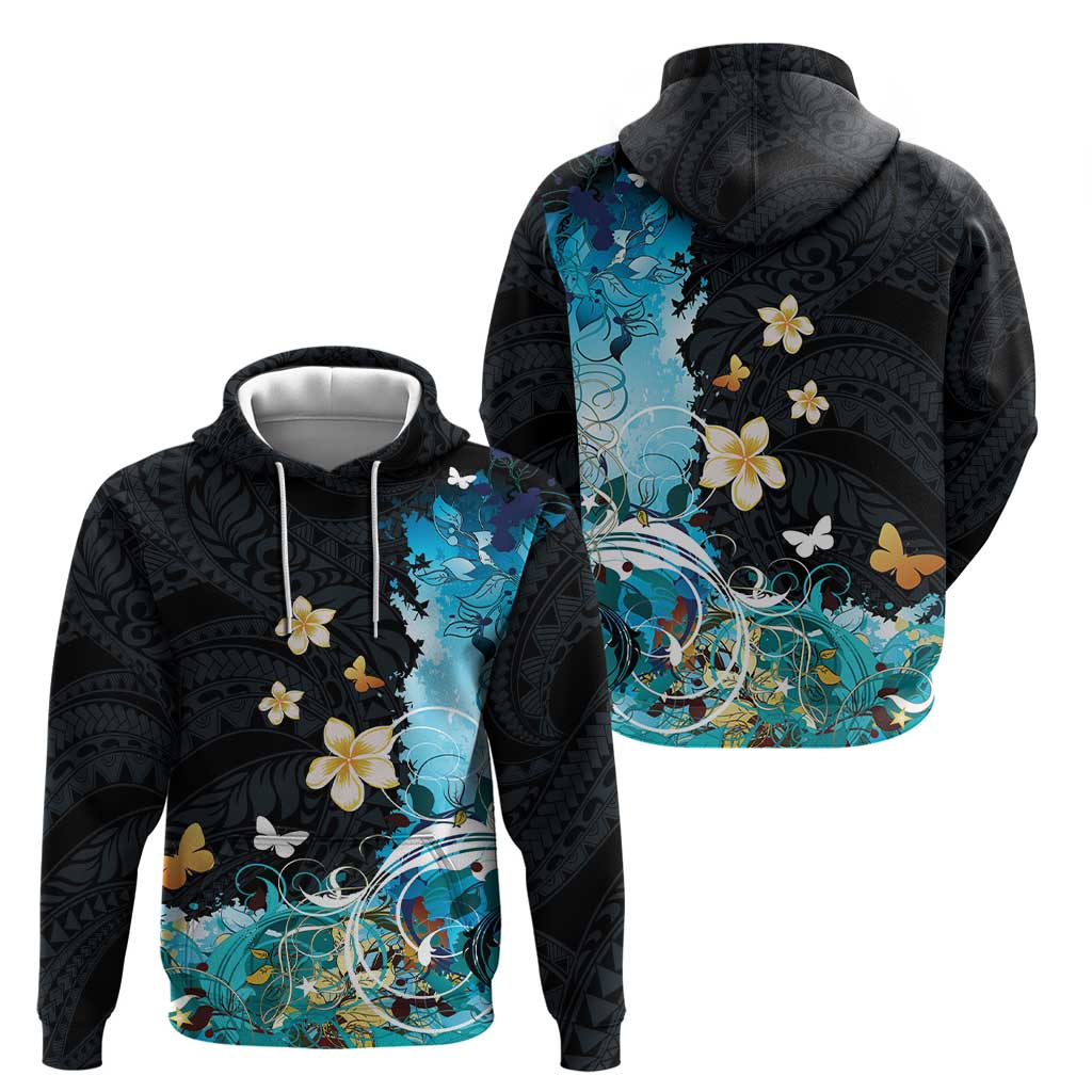 Blue Grunge Polynesian Pattern Zip Hoodie Plumeria Floral