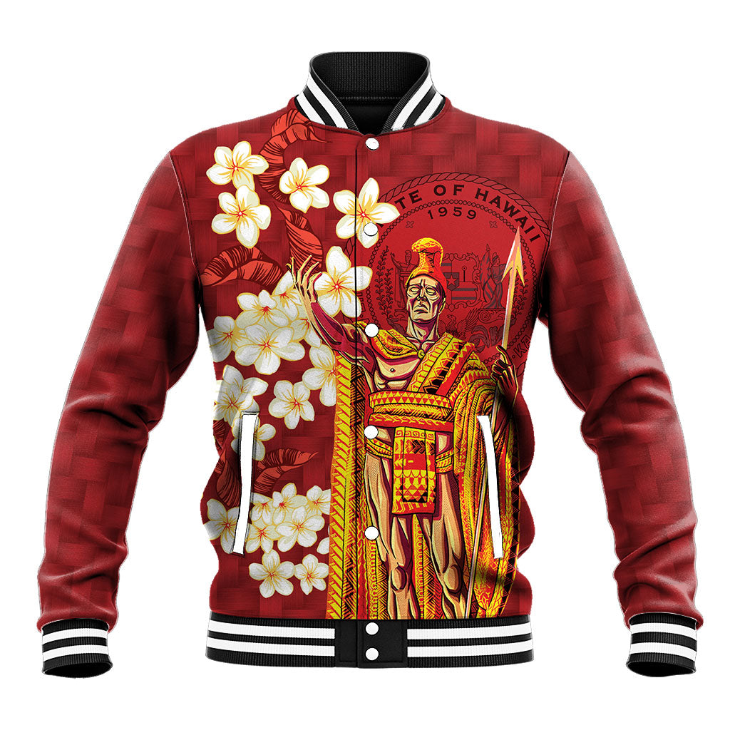 Hawaii King Kamehameha Baseball Jacket Plumeria Lauhala Pattern