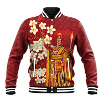 Hawaii King Kamehameha Baseball Jacket Plumeria Lauhala Pattern