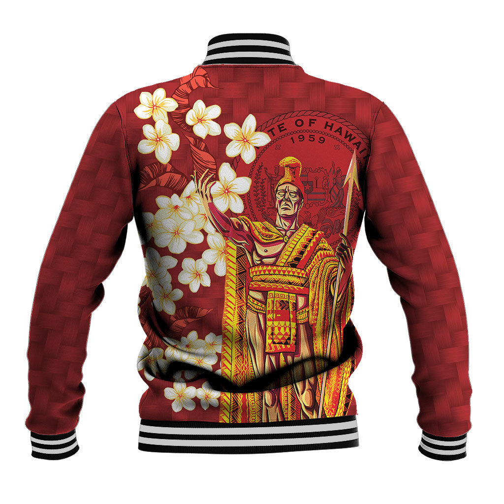 Hawaii King Kamehameha Baseball Jacket Plumeria Lauhala Pattern