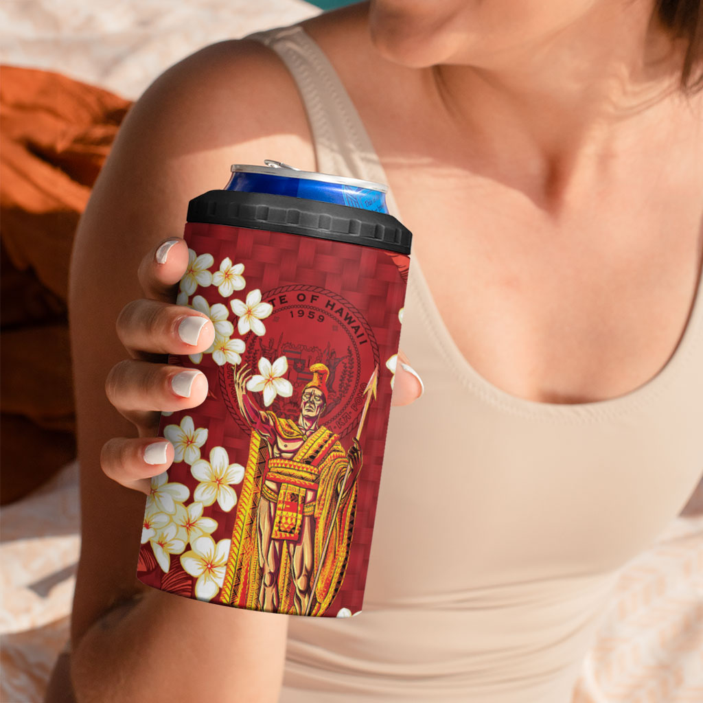 Hawaii King Kamehameha 4 in 1 Can Cooler Tumbler Plumeria Lauhala Pattern