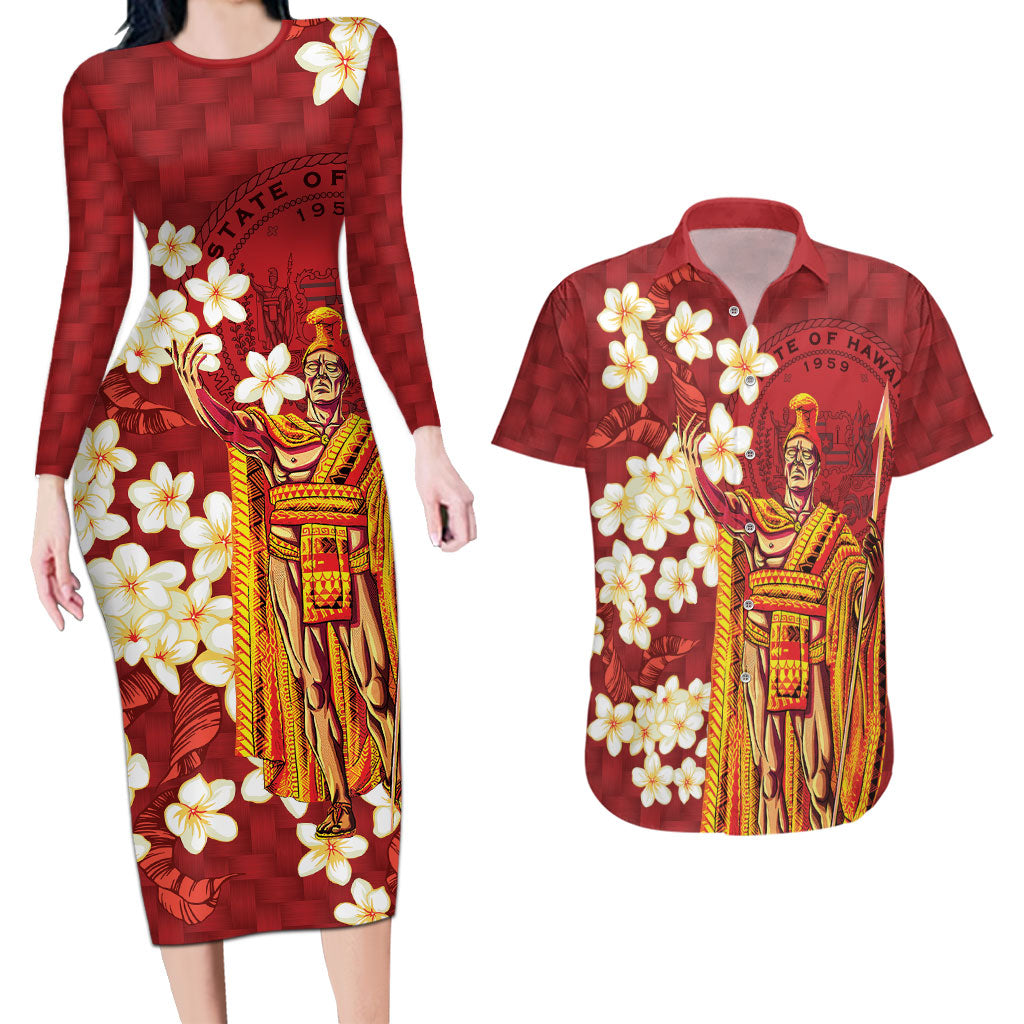 Hawaii King Kamehameha Couples Matching Long Sleeve Bodycon Dress and Hawaiian Shirt Plumeria Lauhala Pattern LT01 Red - Polynesian Pride