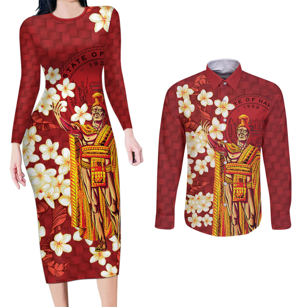 Hawaii King Kamehameha Couples Matching Long Sleeve Bodycon Dress and Long Sleeve Button Shirt Plumeria Lauhala Pattern