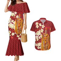 Hawaii King Kamehameha Couples Matching Mermaid Dress and Hawaiian Shirt Plumeria Lauhala Pattern LT01 Red - Polynesian Pride